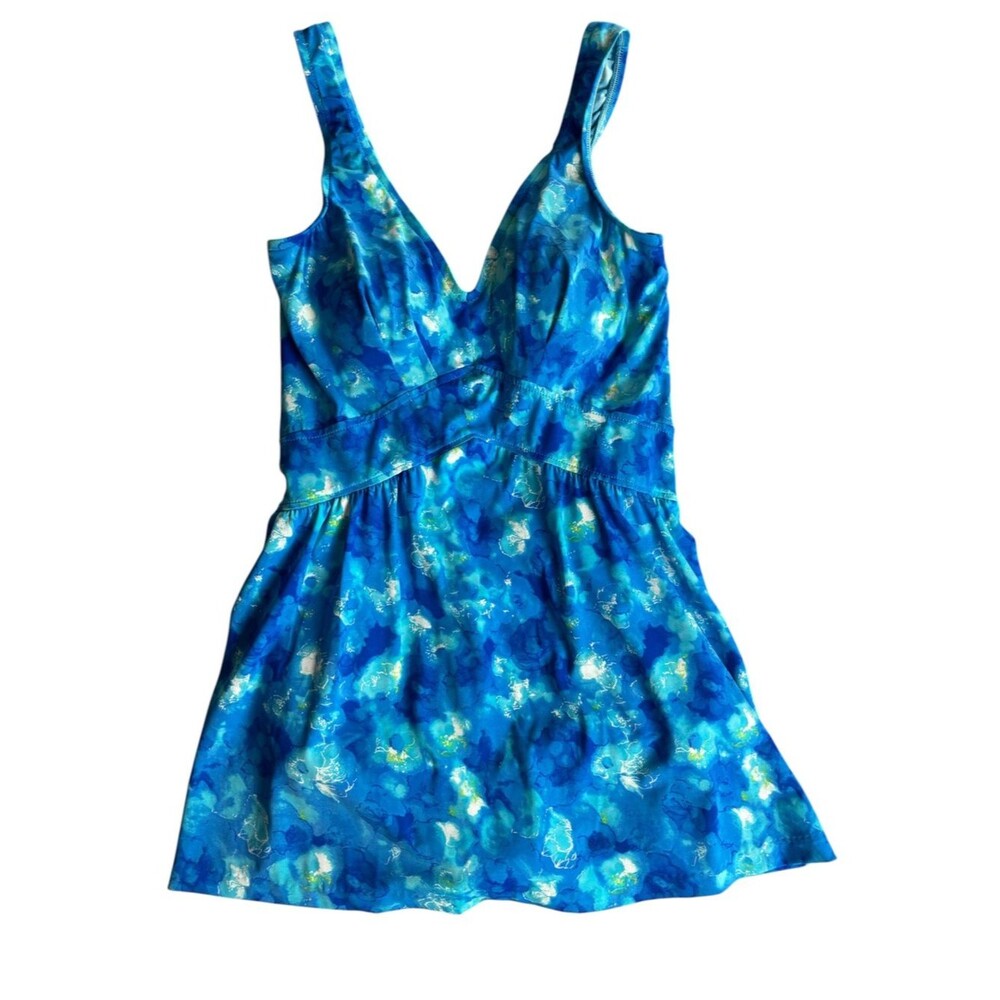 Vintage Rose Marie Reid Blue Floral Swim Dress One Piece Bathing Swimsuit 14